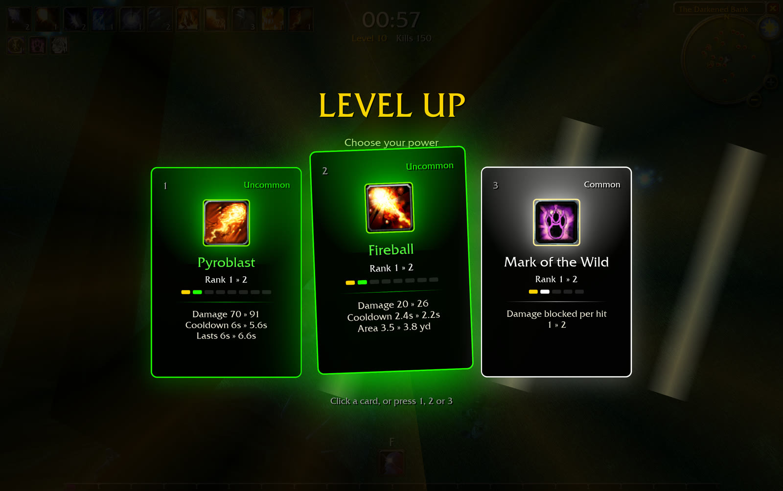 Three level-up upgrade cards from the community local build